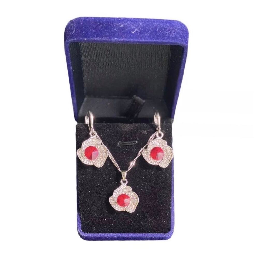 NWOT Bright Red Crystal Necklace & Earrings Rhinestone Silver Tone Set